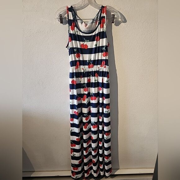 Maxi Dress Small Red Blue Striped Woth Cherries NWT Summer Sleevless - Picture 1 of 4